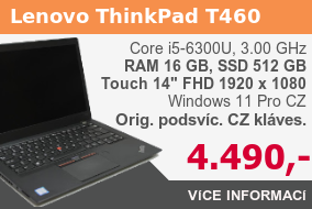 Lenovo ThinkPad T460 - dotykový, CZ klávesnice, Intel i5-6300U, RAM 16 GB, SSD 512 GB, Win 11 Pro