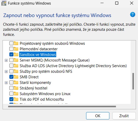 Windows Sandbox zapnutí