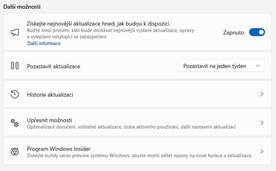 Windows Update nastavení